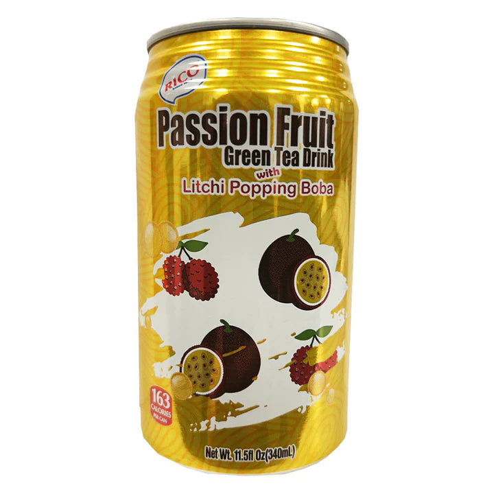 红牌 百香果绿茶/荔枝 爆爆珠饮料 340毫升 /Popping Boba Passionsfrucht Grüntee mit Litschi 340g RICO