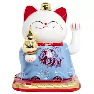 太阳能招财猫 蓝裙 /Fortune Cat Blaues Kleid Solar Power 10.5cm