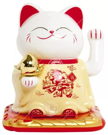 太阳能招财猫 黄裙 /Plutus Katze Gelbes Kleid Solar Power 10,5cm