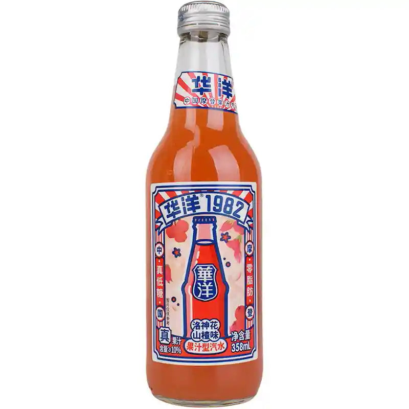 华洋1982 果汁汽水 玻璃瓶 洛神花山楂味 358毫升 /Saft Soda Weißdorngeschmack u. Rosellen 358ml HUAYANG 1982