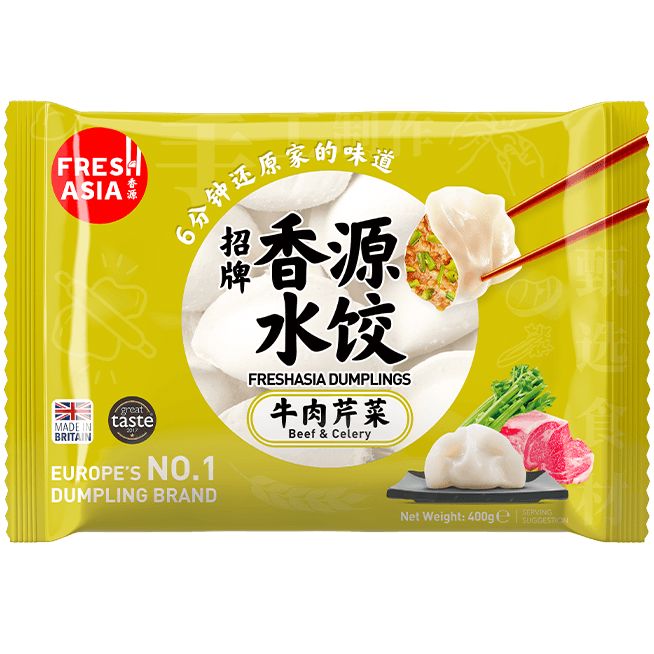 冰冻-Tiefgefroren! 香源 牛肉芹菜水饺 400克 /Teigtaschen mit Rindfleisch und Sellerie 400g FRESHASIA