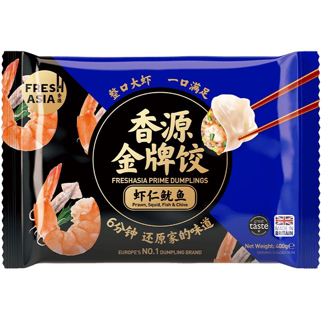 冰冻-Tiefgefroren! 香源 虾仁鱿鱼水饺 400克 /Teigtaschen mit  Garnelen und Tintenfisch 400g FRESHASIA