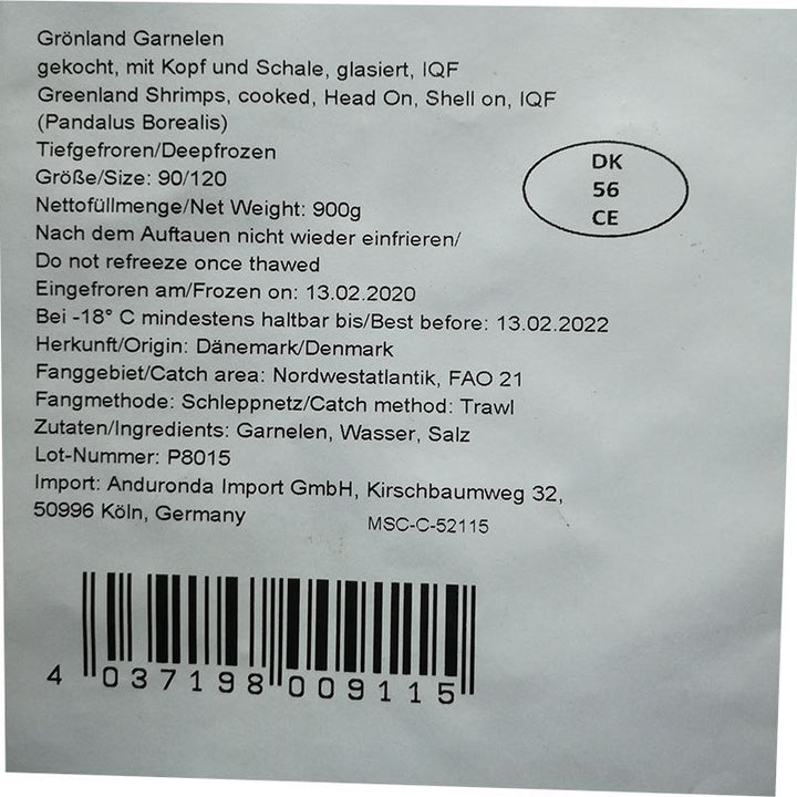 冰冻-Tiefgefroren! 熟北极虾 甜虾 900克 /Grönland Garnelen gekocht 900g