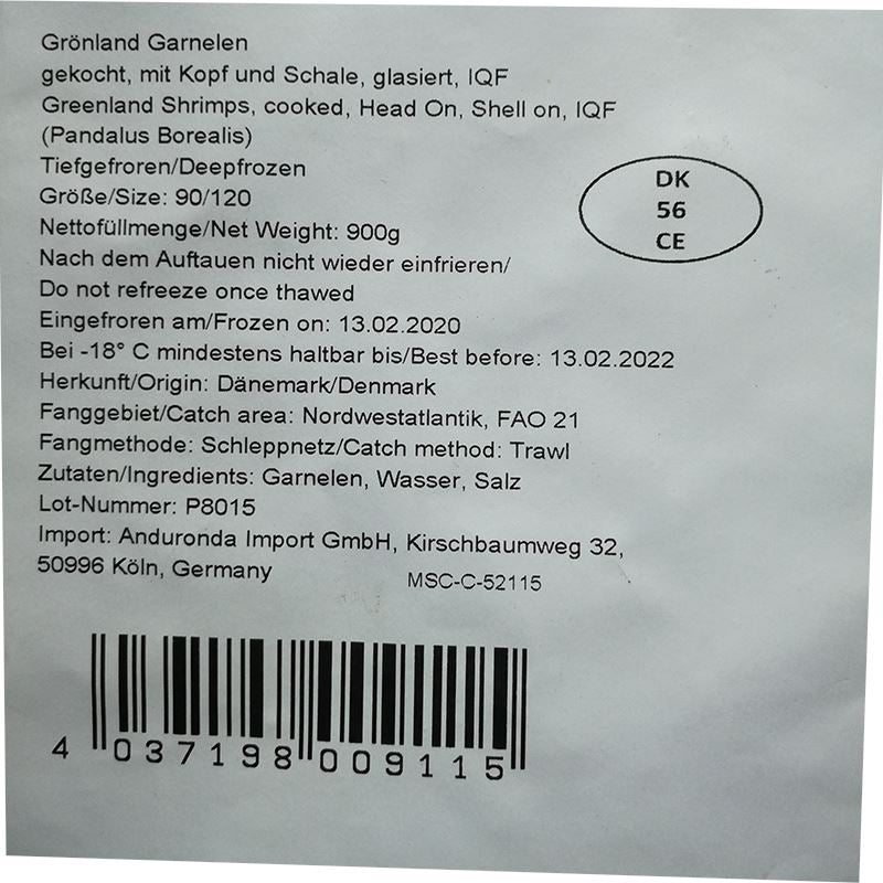 冰冻-Tiefgefroren! 熟北极虾 甜虾 900克 /Grönland Garnelen gekocht 900g