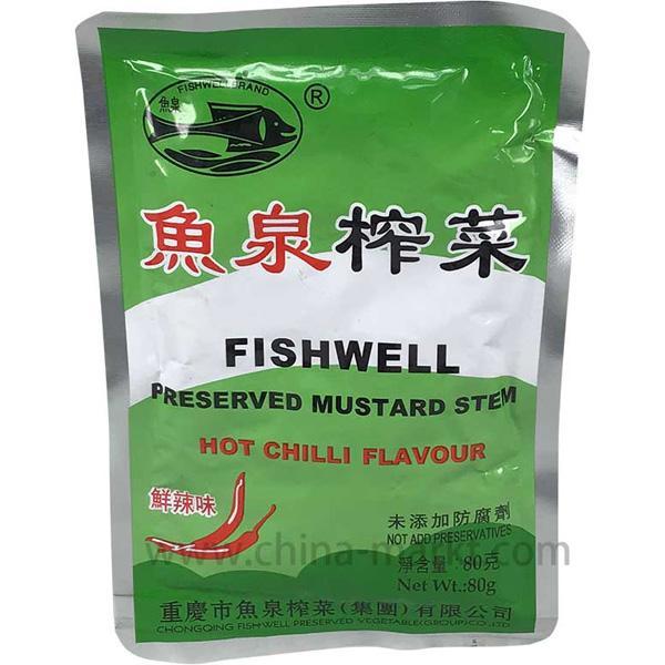鱼泉 榨菜 鲜辣 80克/Eingemachtes Gemüse mit Chili 80g
