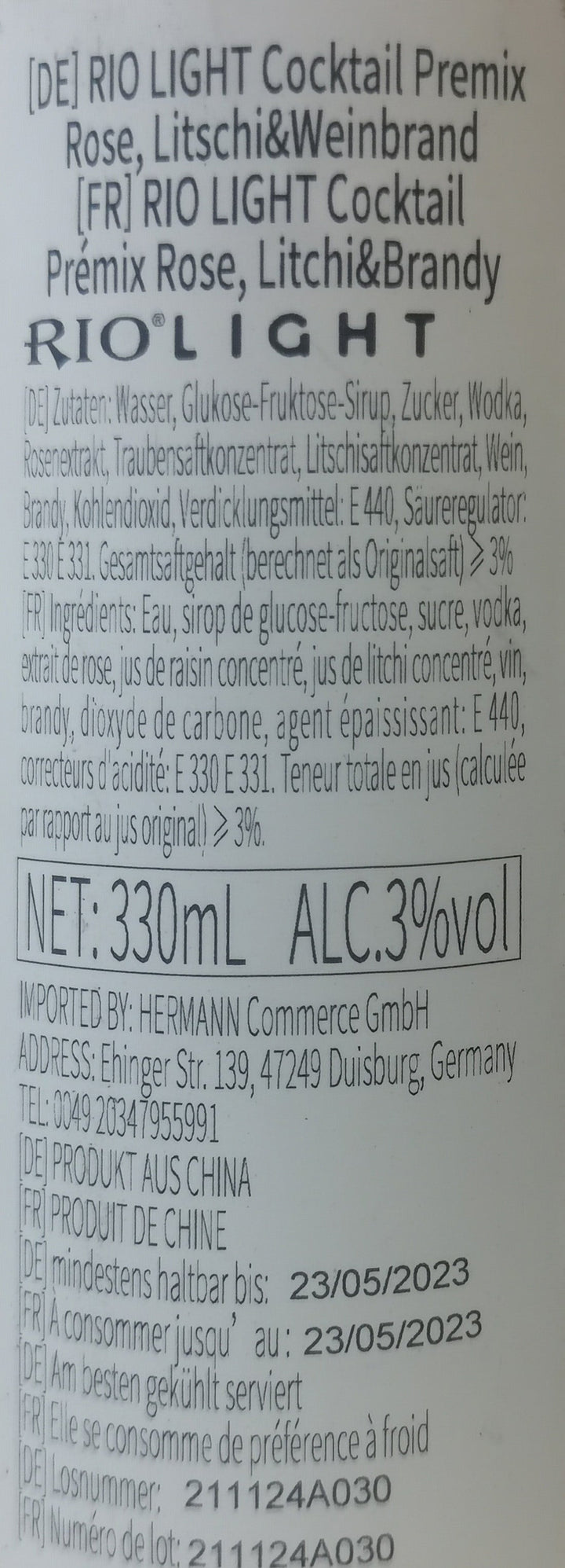 RIO微醺3度 白兰地鸡尾酒 玫瑰荔枝味 330毫升 /RIO Light Cocktail Premix Rose Litschi Weinbrand 3%Vol. 330ml