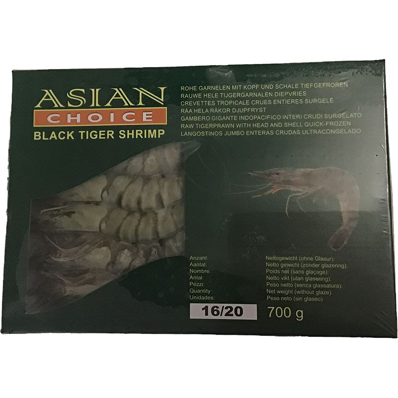 冰冻-Tiefgefroren! 亚洲精选 黑虎虾 有头有壳 16-20 1公斤 /Black Tiger Garnelen HOSO 30% Glasur Gr. 16/20 1kg ASIAN CHOICE